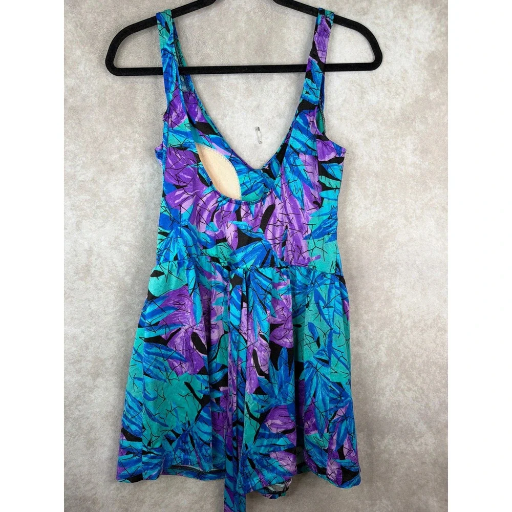 Maxine‎ of Hollywood Swim Dress Women 16 Blue Purple Tropical Leaf Vintage 90s